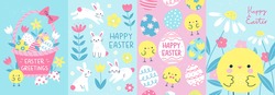Happy Easter! Set of 4 card, poster or banner templates in colorful modern style. Vector illustration of cute Easter bunnies, chicks and flowers for celebration of the spring holiday.