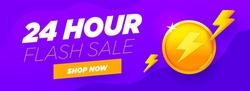 24 hour sale violet banner special discount with big gold coin, shop now button and abstract flash elements on purple background.