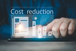 Costs reduction Concept. business finance optimisation strategy economy saving. Concept of Cost Control. Cost text with a down arrow. budget,cut budget,growth graph,profit optimize,Cost Management.