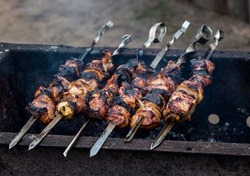 Burnt pork skewers on iron grill, outdoors, close-up, over real charcoal, selective focus, rustic style grilled bbq meat