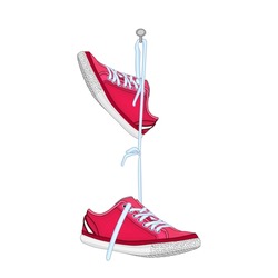 Shoes hanging on nail isolated on white background. Pair of sports footwear hang on peg.Vintage red sneakers hang on shoelace on spike. Sports and casual shoes.Shoe dangle on laces.Vector illustration