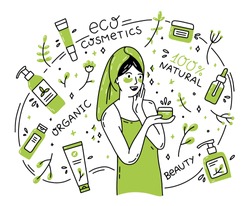 Eco-friendly natural organic cosmetics in Doodle style. A woman after taking a bath is smeared with cream.