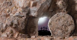 Empty Tomb, open Door And Three Crosses In The Distance on sunset sky background with copy space for inscription.  Christian Easter concept.