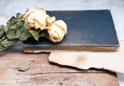 Dried yellow roses and old blue book with Empty Blank Paper on vintage background. Selective focus. copy space.