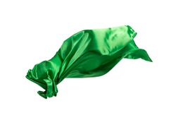 Smooth elegant transparent green cloth isolated or separated on white studio background. Texture of flying fabric.