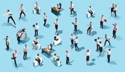 Conceptual image of business processes with businessman and businesswoman. Flat isometric view. The human resources, communication, internet, teamwork concept. Miniature people. Collage