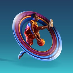 Full length portrait of a basketball player with a ball isolated on blue studio background. Fit african american athlete. Motion, activity, movement, advertising concept. Abstract design.