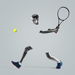 Young teen boy tennis player in sportswear in motion or movement isolated on studio background. Teenager with racket. Sport, action, healthy lifestyle, advertising concept. Abstract design.