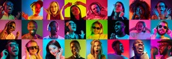 Beautiful male and female portrait on multicolored neon light backgroud. Smiling, surprised, screaming, dance. Human emotions, facial expression. Creative collage made of different photos of 14 models