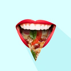 Fast food. Human mouth with red lips and the tongue as a pizza's slice on blue background. Negative space to insert your text. Modern design. Contemporary art collage. Concept of food, taste.