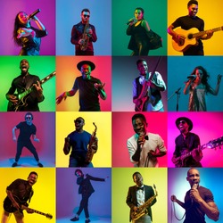 Collage of portraits of young 11 emotional talented musicians on multicolored background in neon light. Concept of human emotions, facial expression, sales. Playing guitar, saxophone, singing, dancing