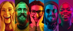 Collage of portraits of young emotional people on multicolored background in neon. Concept of human emotions, facial expression, sales. Smiling, listen to music with headphones. Flyer for ad, proposal