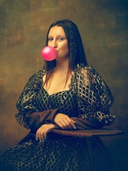 Bubble gum. Young woman as Mona Lisa, La Gioconda isolated on dark green background. Retro style, comparison of eras concept. Beautiful female model like classic historical character, old-fashioned.