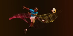 High jumping. Male soccer, football player training in action, kicking in jump isolated on dark lined background in neon light. Concept of motion, action. Neoned modern artwork, cover, flyer designed.