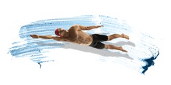 Professional caucasian swimmer moving in paint brushstroke, watercolor. Grace of motion and action. Artwork. Horizontal flyer with blue ocean splashes like water waves on white background with