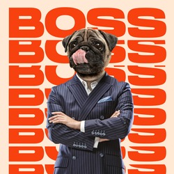 Boss headed by dog head standing with hands crossed. Copyspace to insert your text. Modern design. Contemporary art. Creative conceptual and colorful collage. Office worker lifestyle concept.