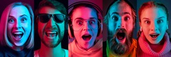 Collage of portraits of young emotional people on multicolored background in neon. Concept of human emotions, facial expression, sales. Smiling, listen to music with headphones. Flyer for ad, offer