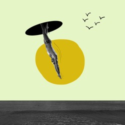Going on throught universe. Swimmer jumping to sea from sky portal. Copyspace. Modern design. Contemporary art. Creative conceptual and colorful collage surrealism style. Yellow grey background