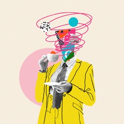 Morning coffee makes things better. Comics styled yellow suit. Modern design, contemporary art collage. Inspiration, idea, trendy urban magazine style. Negative space to insert your text or ad.
