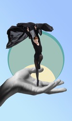 Contemporary art collage. Grace. Beautiful young girl, woman ballet dancer in black suit dancing standing on human hand isolated on light blue background. Copy space for text, design, ad. Flyer.