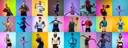Sport collage of 20 professional athletes on gradient multicolored neoned background. Concept of motion, action, active lifestyle, wellness. Football, soccer, basketball, tennis, box. Made of models.