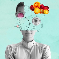 Contemporary art collage. Beautiful young girl and red yellow flowers isolated on light blue background. Black and white portrait. Copy space for text, ad. Flyer. Square composition. Modern artwork.
