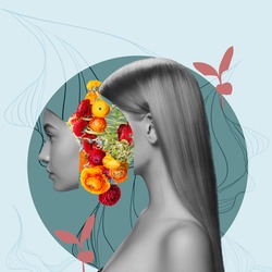Contemporary art collage. Beautiful young girl and red yellow flowers isolated on light background. Black and white portrait. Copy space for text, ad. Side view. Square composition. Modern artwork.