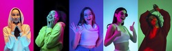 Collage of portraits of young emotional people on multicolored background in neon. Concept of human emotions, facial expression, sales. Nice sign, dancing, smiling, pretty cute. Flyer for ad, offer