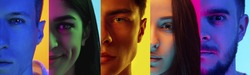 Collage of portraits of young emotional people on multicolored background in neon. Concept of human emotions, facial expression, sales. Close up half faces, beauty, fashion. Flyer for ad, offer
