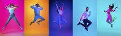 Collage of portraits of young emotional people on multicolored background in neon. Concept of human emotions, facial expression, sales. Jumping high, flying, energy, dancing. Flyer for ad, offer
