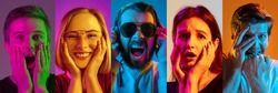 Collage of portraits of young emotional people on multicolored background in neon. Concept of human emotions, facial expression, sales. Laughting, smiling, scared, shocked. Flyer for ad, offer