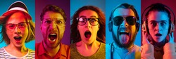 Collage of portraits of young emotional people on multicolored background in neon. Concept of human emotions, facial expression, sales. Astonished screaming, shocked, music listening. Flyer for ad