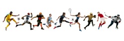 Collage of different professional sportsmen, fit people in action and motion isolated on white background. Flyer. Concept of sport, achievements, competition, championship. Basketball, football