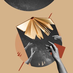 Different hands reaching opened book, mystical. Contemporary art collage, modern design. Aesthetic of hands. Trendy pastel colors. Copyspace for your ad or text. Surreal conceptual poster.