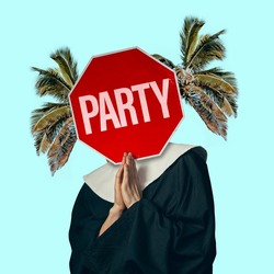Beach vacation, resort. Woman praying, headed with sign PARTY and palms on background. Copy space for ad, text. Modern design. Conceptual, contemporary bright artcollage. Party time, fun mood.