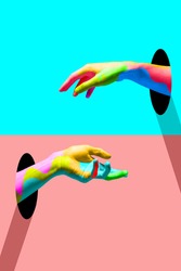Youth looks like. Bright colored hands catching each other from portals in trendy blue and coral. Copy space for ad, text. Modern design. Conceptual, contemporary bright artcollage. Party time, fun