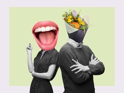 Couple headed with bouquet of spring flowers and big female mouth on pastel background. Copy space for ad, text. Modern design. Conceptual, contemporary bright artcollage. Summertime, surrealism.