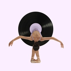 Beautiful ballerina in vinyl plate dancing on purple background. Copy space for ad, text. Modern design. Conceptual, contemporary bright artcollage. Retro styled, surrealism, fashionable.