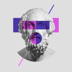 Modern conceptual artwork with ancient statue bust isolated over light gray background. Purple and pink. Collage of contemporary art. Fashion design. Copy space for ad. text, your design