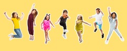 Group of elementary school kids or pupils isolated in colorful casual clothes on yellow background. Creative collage. Back to school, education, childhood concept. Magazine style. Copyspace for ad