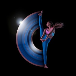 Young modern female athlete in neon light on black background. Concept of motion and action in sport. Training in jump, flight. Sport, healthy lifestyle, movement, advertising. Abstract design.