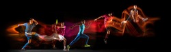 Development of motions of different kinds of sport games. Young men in action isolated over dark background in neon mixed colored light. Flyer. Concept of sport, competition, championship. Copy space