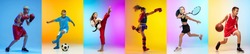 Soccer football, basketball, taekwondo, boxing and tennis. Collage of different little sportsmen in action and motion isolated on multicolored background in neon. Flyer. Sport for kids concept