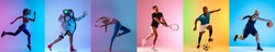 Soccer football, running, fitness, gymnastics, basketball, boxing and tennis. Collage of different professional sportsmen in action and motion isolated on multicolored background in neon. Flyer for ad