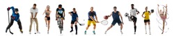 Sport collage. Tennis, basketball, soccer football, hockey, golf, cycling, volleyball, gymnastics players posing isolated on white studio background. Fit african and caucasian people standing as team.