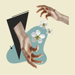 Female hands with flowers. Contemporary art collage, modern design. Aesthetic of hands. Trendy colors. Copyspace for your ad or text. Surreal conceptual poster.