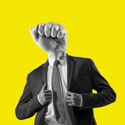 The man in a suit with a head in the form of a fist. Metaphor of an angry boss. Contemporary art collage, modern design. Business concept. Trendy colors. Surreal conceptual poster.