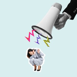 Angry abstract boss screaming in megaphone to the manager. Copyspace to insert your text. Modern design. Contemporary art. Creative conceptual and colorful collage. Office worker lifestyle concept.
