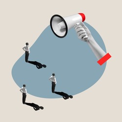 Flat isometric view of businessmen and woman with male hand with megaphone. Office items concept. Business processes, workplace concepts. Miniature people. Collage