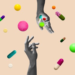 Pastel background. The abstract hand and falling tablets and pills. Artwork or creative collage with isolated elements. Concept of healthcare, covid-19, surrealism, support, medical help